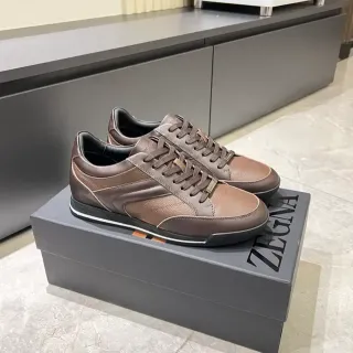 Zegna Brown Leather Panelled Low-Top Lifestyle Sneakers