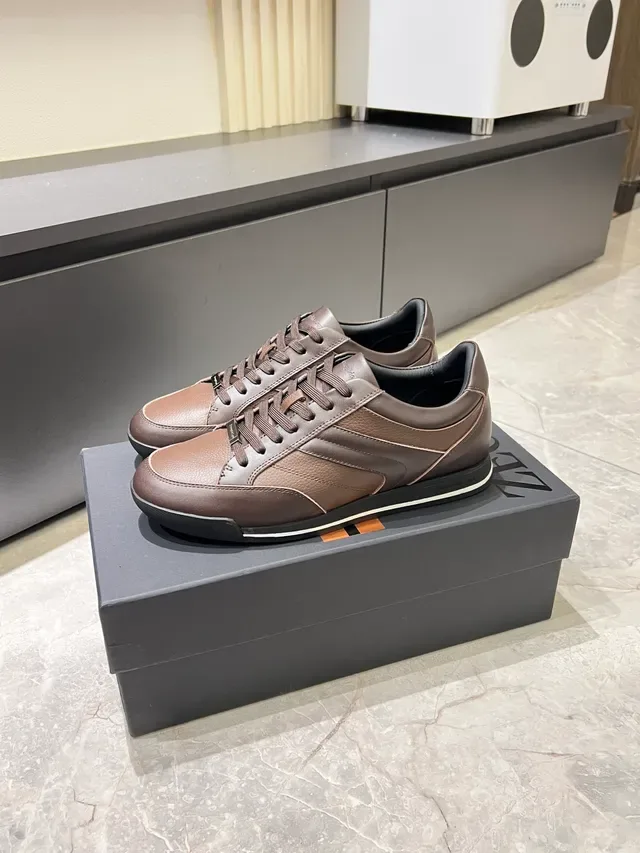Zegna 棕色皮革拼色低帮生活休闲鞋 4