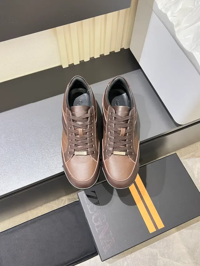Zegna 棕色皮革拼色低帮生活休闲鞋 5